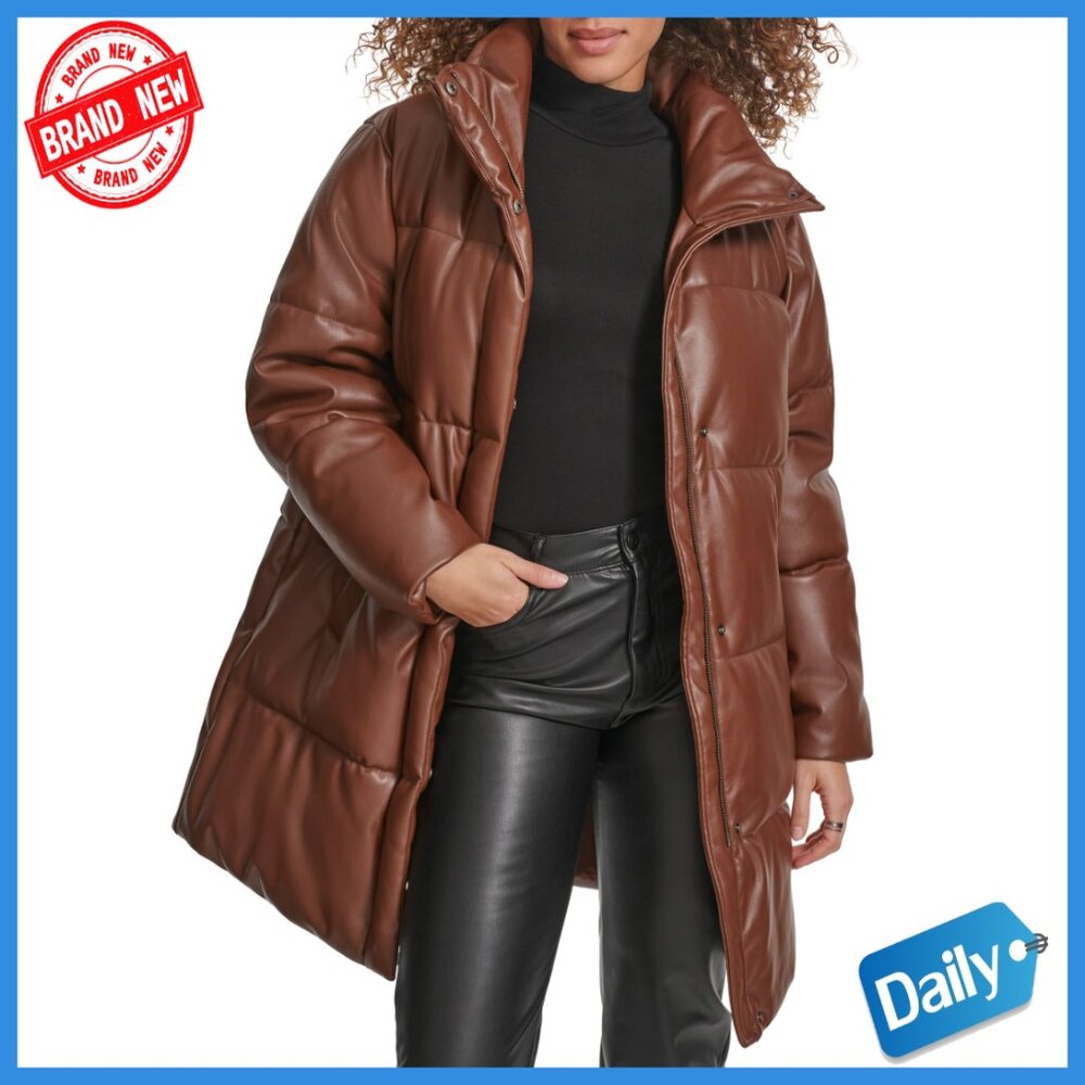 Faux Leather Mid-Length Puffer Coat, Water Resistant, Quilted